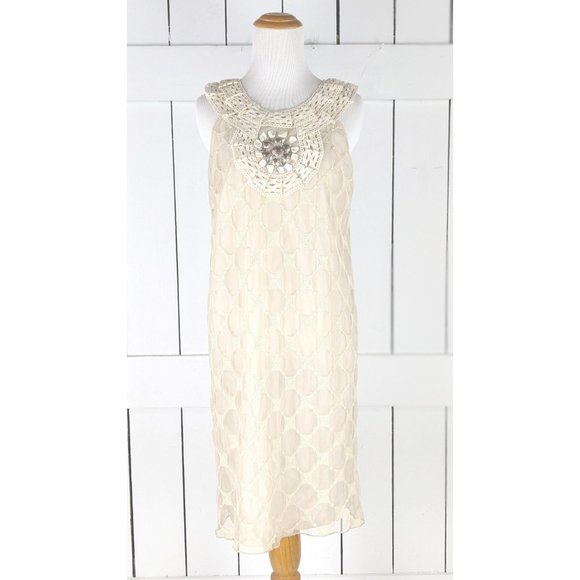 Ivory cream beaded crochet lace sheer net overlay sleeveless tunic dress 6 - Picture 2 of 8